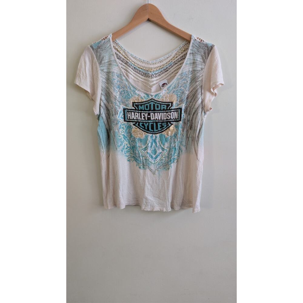 Harley Davidson Tee Women’s L Motor Cycles Crochet‎ Neck Rhinestone Graphic Y2K